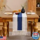Tosleo Boho Table Runner 12×72 Inches Long with Tassels Navy Blue Striped Far