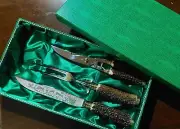 VINTAGE ANTON WINGER JR 3 PIECE STAG HANDLE CARVING SET - SOLINGEN GERMANY NOS!!