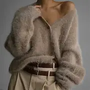 Women's Sweater Cardigan Fashion Streetwear Daily Solid Color Ribbed V Neck Knitted Long Sleeve Long Tops Knit Holiday Going out Weekend Khaki Light Grey Fall