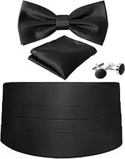 [JUNMEISI] Cummerbund and Bow Tie Set Solid Color Adjustable Formal Men's Black Cumberbund Bowtie Cufflinks Set & Pocket Squares