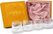 Vintage Art Deco Speakeasy Lowball Glasses | Set of 4 | 9 oz Crystal Tumblers for Drinking Classic Gin, Rum, Vodka Bar Drinks | Round Short Rocks Glassware