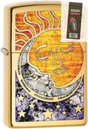 Zippo 55042 Fusion Sun and Moon High Polish Brass Lighter + FLINT PACK