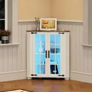 Small Corner Cabinet with LED Light, Farmhouse Bathroom Cabinet with 2 Doors, Fr