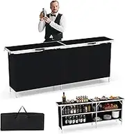 Giantex 81" Extra Long Portable Bar Table with 2-Tier Storage Shelves, Folding Mobile Bartending Station with Removable Skirt, Carry Case, for Events, Parties, Trade Shows (Black, 81''L x 32.5''H)