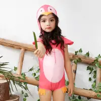 在飛比找momo購物網優惠-【時尚Baby】兒童泳裝女童泳裝粉橘色可愛企鵝造型連身泳裝連