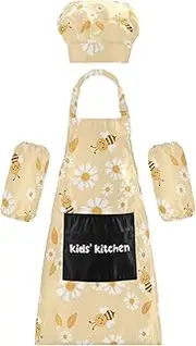 AIXIWAWA Kids Apron Chef Hat Set, Child Kitchen Bib Aprons Adjustable for Cooking Baking Painting (Cute Bees Flowers)