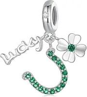 [Teleye] Four-Leaf Clover & Horseshoe Pendant Charm 925 Sterling Silver Charm Fits For Pandora Bracelet Necklace, Cubic Zirconia, Created Cubic Zirconia