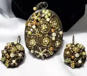 Vintage Gold Pearl Seed Beaded Pendant and Earrings