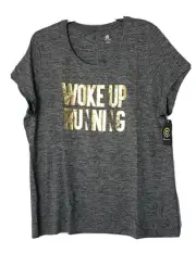 NWT WOMEN'S top SZ 1X Gray Champion athletic WOKE UP RUNNING in GOLD S/Sleeve