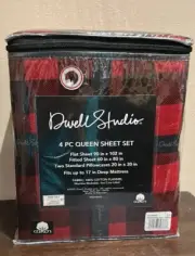 Dwell Studio 4 pc Queen Sheet Set New Buffalo Plaid Red Cotton Flannel