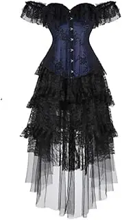 [FAWENLI] Fashion Corset Dress For Women Blue Off Shoulder Lingerie Top With Gothic Lace Skirt Plus Size Vintage Elegant