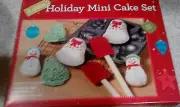New 4 Pc. Holiday Mini Cake Set-Mold Bake Pan;Cooling Rack;2 Silicone Spatulas