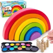 Wooden Rainbow Stacking Blocks Set Nesting Puzzle Pieces DIY Dolls Paints Brush