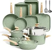 BETTER LIVING THROUGH COOKING PERFECTION Kitchen Academy 17 Pieces Induction Cookware Set, Green Granite Pots and Pans Set, Nonstick Cooking Pans Set