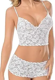[Generic] Sexy High Waist Floral Lace Sheer Everyday Lingerie Set See Through Longline Bra and High Cut Panty 2 Piece