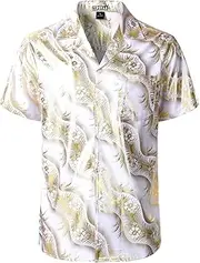 [ZEROYAA] Men Stylish Print Cuban Shirt Short Sleeve Button Down Relaxed Fit Shirts Beach Hawaiian Vacation Tops