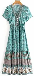 [YLDCN] Skirts Skirts for Women Women Floral Print Beach Dress V Neck Tassel Summer Dress