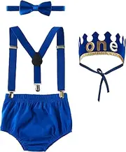 [Nuolich] Baby Boy First 1st Birthday Cake Smash Outfit Boys One Birthday Crown Bloomers Pants Bow Tie Suspenders Set, Blue, One size