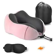 Travel Memory Foam Neck Pillow with Eye Massage and Earplugs - Pink