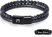 [HAYOUWAY] Gifts for Men Dad Him Boyfriend Son Husband Personalised Mens Leather Beaded Bracelets for Men with Magnetic Clasp Engraved A-Z Initial Bracelet Birthday Christmas Valentines Gifts for Him