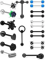 [Prjndjw] 14G Tongue Rings Surgical steel tongue piercing jewelry 5/8 inch 16mm Skull Heart Flower T Shape Koosh Spiky Silicone Soft Spike Ball Door Knocker Tongue Ring Body Piercing Jewelry Retainer
