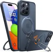 TORRAS Upgraded 360° Spin Magnetic Stand for iPhone 15 Pro Case, [Compatible with MagSafe][Mil-Grade Shockproof][Built-in Kickstand & Ring Holder] Translucent Slim Back Soft Edge, Ostand Spin, Black