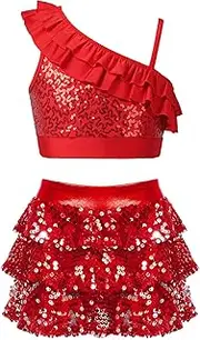 [TiaoBug] Girls Shiny Sequined Crop Top with Skirt Lyrical Dancing Dress Ballroom Costume 2 Pieces Modern Dance Outfits