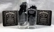 2 New Jack Daniels Tall Whiskey Glasses Snowflake + Xmas Tree Design + Coasters
