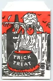 Halloween Vintage Trick Or Treat Goodie Bag Demon Goblin Witch Cauldron Bat Moon