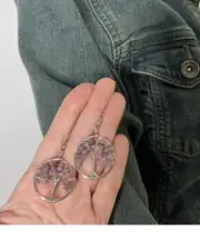 Round earrings Amethyst Circle Purple Earrings Hoops Stone Boho Tree Of Life