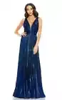 Mac Duggal Sapphire Blue Plunge Neck Pleated Metallic Gown Size 16 $478
