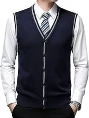 [SWJGLITTR] Men's Sleeveless Sweater Cardigan Wool Blend V Neck Buttons Vest Cable Knit Big and Tall Cardigan Vest, Navy Blue, Medium