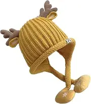 [Holibanna] Knitted Pompom Hat with Lining Ear Flaps Warm Beanie for Newborns Reindeer Antler Design Winter Cap for Comfort and Protection Yellow