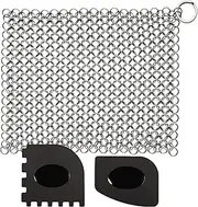 CHANSHIN Cast Iron Cleaner with Pan Scrapers, Stainless Steel Scourer, 7" x 7" Chainmail Scrubber for All Types of Frying Pans Durable Plastic Pan Grill Scraper