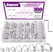 Swpeet 100Pcs 8-44mm Adjustable Range Assorted Sizes Assortment Hose Clamps Kit, 100% 304 Stainless Steel Adjustable Range Worm Gear Hose Clamp Perfect for Plumbing, Automotive
