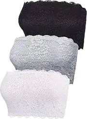 [VOXMDY] 3 Pieces Women's Floral Lace Tube Top Bandeau Strapless Bras Seamless Stretchy Chest Wrap