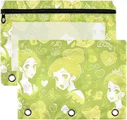 Cartoon Princess Light Green Large Zipper Pouches with Clear Window Rings with Zipper Reinforced Grommets Pocket folders for 3 for Storing School Students Teacher Supplies