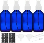 Bastelica 4 Pack 4 oz Blue Glass Spray Bottles with 2 Funnels & 8 Lables & 1 Marker - 120ml Small Empty Fine Mist Spray Bottle