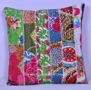 16" HANDMADE MULTI PATCHWORK KANTHA CUSHION COVER INDIAN SOFA THROW ETHNIC DECOR