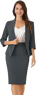 [Allegra K] Women's Business Skirt Suit Set 2-Piece Office Work Outfit Collarless Blazer Pencil Skirt, Dark Grey, X-Small