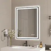 furduzz LED Bathroom Mirror with Black Frame, 450 x 600 mm Vanity Mirror with Backlit Lights, Dimmable, Anti-Fog, Shatter-Proof, Memory, 3 Colors, Wall Mounted Mirror, Vertical/Horizontal