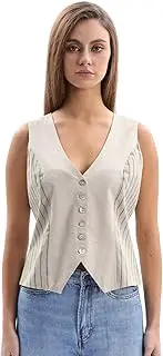 [Amazhiyu] Womens Linen Blend Waistcoat, Striped Sleeveless Linen Blend Waistcoat Button Down V Neck Crop Top Summer Vest Coat, Waistcoat Adjustable Strap, Stripe Flax, L