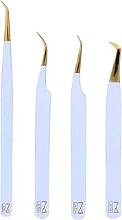 M LASH Tweezers for Eyelash Extensions (Set of 4) - Professional Lash Extension Tweezers - Fiber Tip, Japanese Steel, Diamond Grip (White)