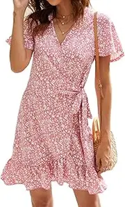 [Naggoo] Women's Summer Wrap V Neck Polka Dot Print Ruffle Short Sleeve Mini Floral Dress with Belt