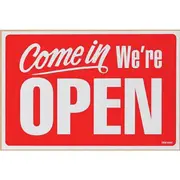 Headline Sign Come In We're Open Plastic 200x300mm Red/White Shop