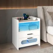Advwin Bedside Table RGB LED Nightstand 2 Drawers with Wireless Charging Station and USB Port White