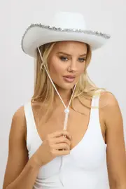 White Sequin Detail Festival Cowboy Hat - Size ONE, Women's Hats