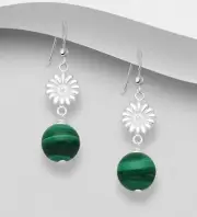 Dainty 925 Sterling Silver Flower and Malachite Dangle Drop Hook Earrings