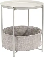 Amazon Basics Round Storage End Table, Side Table with Cloth Basket - White/Heather Gray, 48.2 x 45.7 x 45.7 centimeters