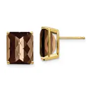 14k Yellow Gold 12x10 Octagon Checker-Cut Smok Yellow Gold Quartz Earrings